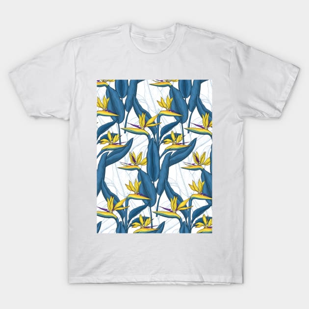 Bird of paradise flowers on white T-Shirt by katerinamk